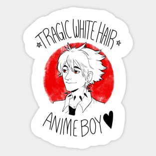 Tragic White Hair Anime Boy - Black Font Sticker